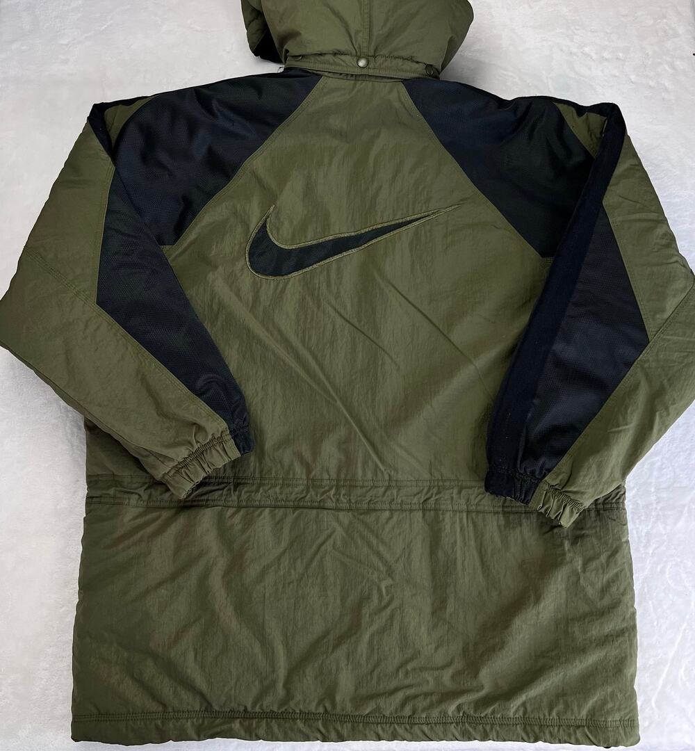 Nike Vintage Olive Green Hooded Puffer Jacket Coat Men's size Large Back Swoosh